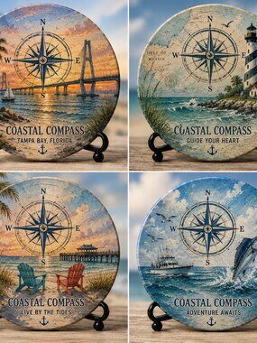 Coastal Compass Slate Coasters – Set of 4 | Premium Coastal Décor